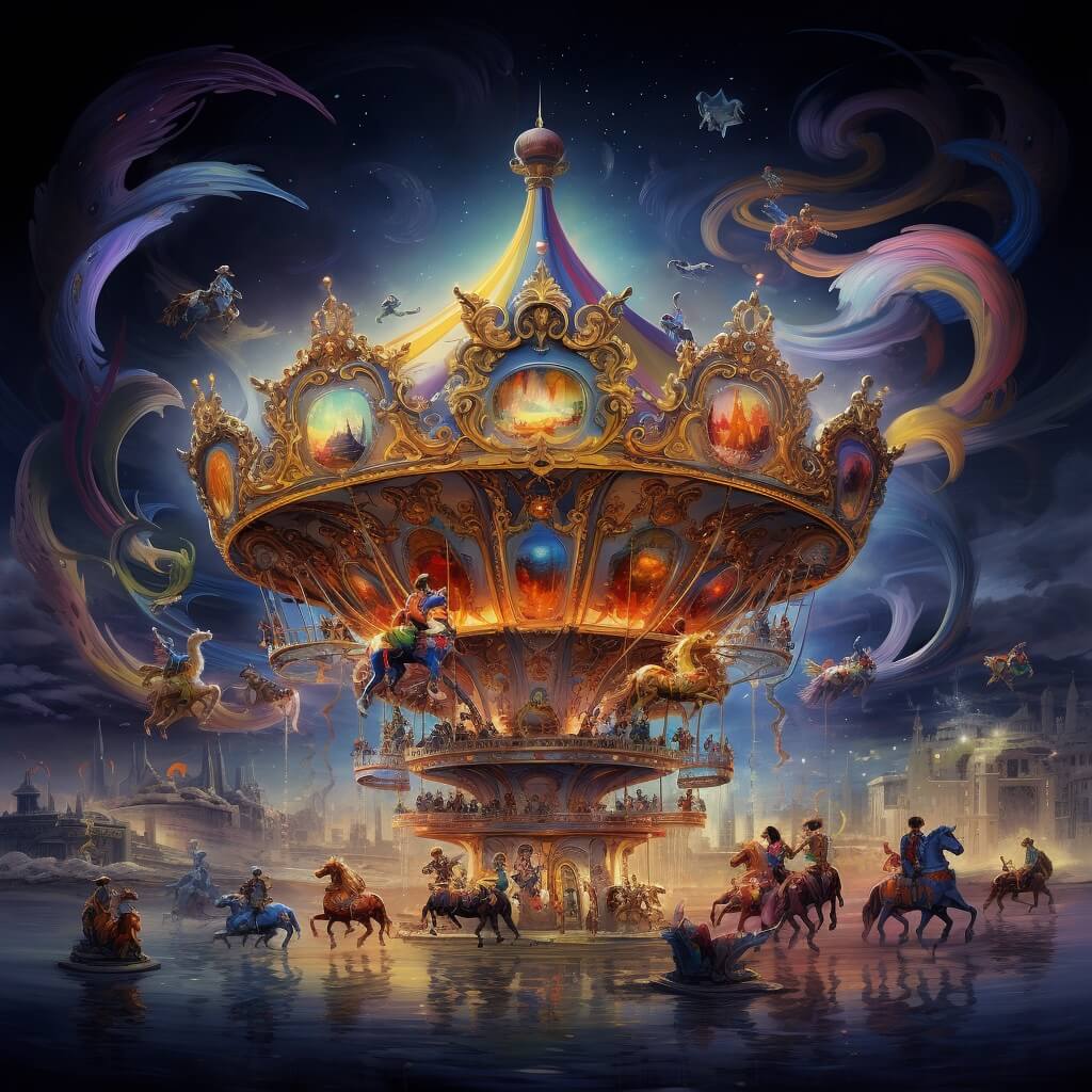 Artwork of a carousel, depicting endless desires