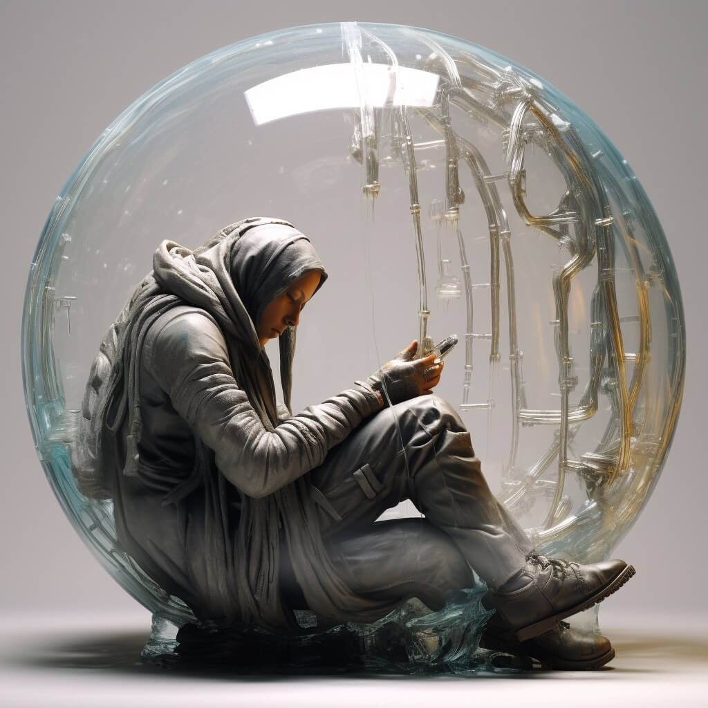 Artwork of a person trapped in a bubble symbolizing the cycle